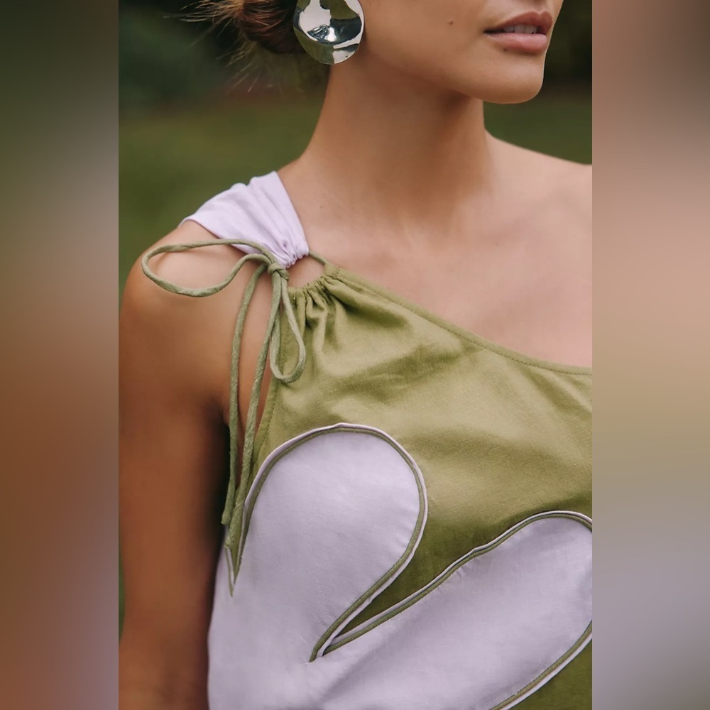 NWT Size S - Farm Rio x Anthropologie One-Shoulder Linen Flower Mini Dress - Picture 3 of 16